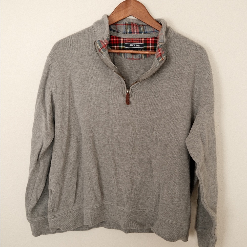 Lands End Grey Quarter-zip with flannel detailing and leather pull
